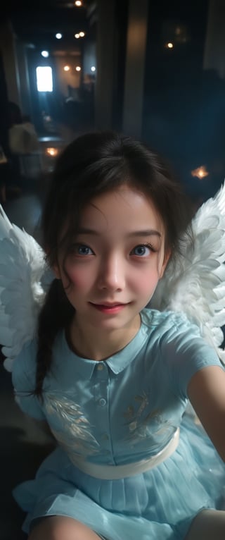 Masterpiece, beautiful details, perfect focus, uniform 8K wallpaper, high resolution, exquisite texture in every detail, ((Fisheye lens: 1.4)), one girl, solo, long hair, looking at viewer, blushing, smiling, open mouth, bangs, blue eyes, shirt, dress, holding, pigtails, sitting, blue hair, short sleeves, wings, indoors, white dress, halo, feathered wings, angel wings, white wings, smartphone, angel, holding smartphone
,IMGFIX