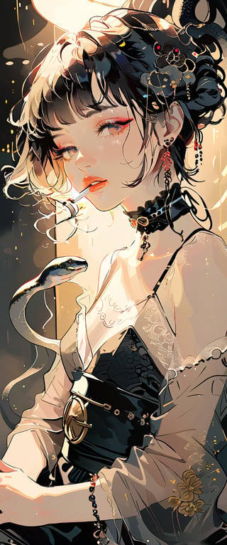 A femme fatale cyborg sits solo in a smoky cyberpunk club, petting a snake  as it gazes directly at the viewer. Her short hair and bangs frame her striking features, adorned with jewelry and a black choker. She dons a revealing seethrough kimono, paired with Japanese-style earrings. A cigarette dangles from her lips as she exudes an air of sexy sophistication, surrounded by the dark, gritty atmosphere of Conrad Roset's style. txznmec,score_9