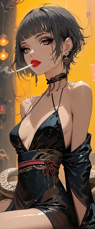 A femme fatale cyborg sits solo in a smoky cyberpunk club, petting a snake  as it gazes directly at the viewer. Her short hair and bangs frame her striking features, adorned with jewelry and a black choker. She dons a revealing seethrough kimono, paired with Japanese-style earrings. A cigarette dangles from her lips as she exudes an air of sexy sophistication, surrounded by the dark, gritty atmosphere of Conrad Roset's style.