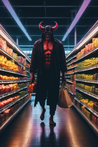  a demon doing the last shopping in the supermarket,. dark tense and unsettling atmosphere.walmart,.,, reflections, , groceries,fear,  By renowned artists such as ,, Francis Bacon, . Resolution: 4k.,,aw0k euphoric style