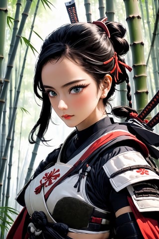 poster of a sexy woman  [samurai]  in a  [bambu forest ], midnight , eye angle view, designed by mike mingola,aw0k nsfwfactory,aw0k magnstyle,danknis,sooyaaa,Anime ,cyborg style