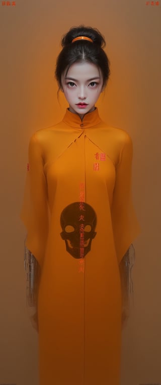 Hyperrealism, tecno Style of Loui Jover, cyborg and girl, movie poster, chinese text, GEOF DARROW style.orange, ,,gooeuun,minsi,,,,koh_yunjung,,<lora:659095807385103906:1.0>