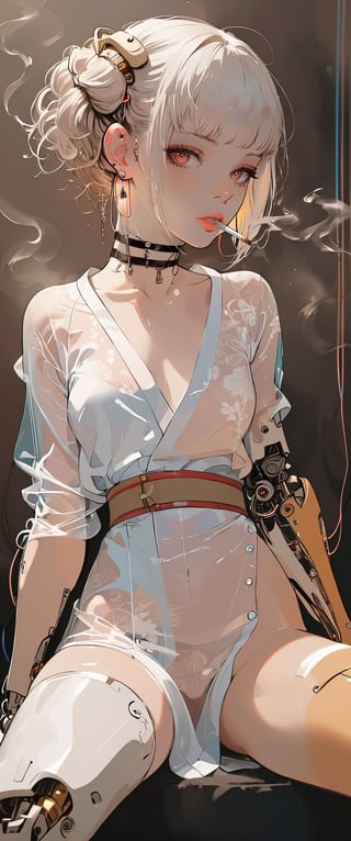 (by Carne Griffiths, Conrad Roset), 1girl,cyborg,android,mechanical, mechanical parts, mechanical joints, solo,sitting in a cyberpunk club, looking at viewer, short hair, bangs, , jewelry,, white hair, earrings, japanese transparent clothes, , choker,  transparent kimono,pleasure android, black choker, cyberpunk, smoke, cigarette, plastic kimono,sexy, smoking, egasumi m3,Dark Manga of,Dark Anime of,anime,BG,brown dust