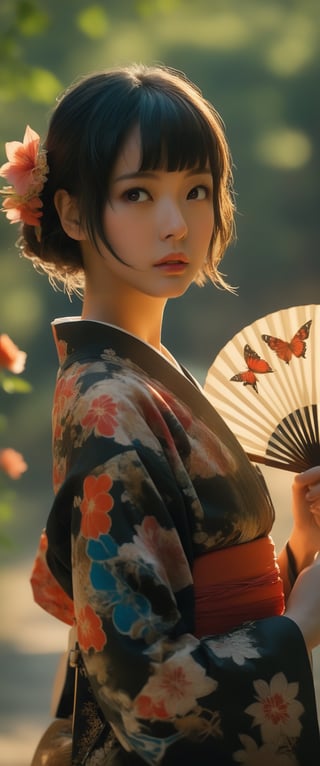 1girl, solo, looking at viewer, short hair, bangs, black hair, hair ornament, long sleeves, holding, brown eyes, closed mouth, standing, flower, sidelocks, cowboy shot, outdoors, parted lips, japanese clothes, day, hair flower, wide sleeves, kimono, blurry, from side, lips, looking to the side, sash, depth of field, blurry background, obi, floral print, bug, fire, red flower, butterfly, hand fan, backlighting, arm at side, yukata, print kimono, holding fan, black kimono, paper fan

