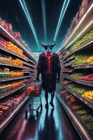  a demon doing the last shopping in the supermarket,. dark tense and unsettling atmosphere.walmart,.,, reflections, , groceries,fear,  By renowned artists such as ,, Francis Bacon, . Resolution: 4k.,,aw0k euphoric style,IMGFIX, JunjiIto_qz