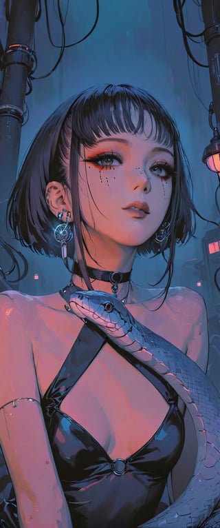 In a dimly lit, smoky cyberpunk club, a femme fatale cyborg sits solo, her mechanical joints gleaming in the flickering light. Her striking features, framed by short hair and bangs, are adorned with jewelry and a black choker. A cigarette dangles from her lips as she pets a snake that gazes directly at the viewer. She wears a revealing seethrough kimono, paired with Japanese-style earrings, and holds a katana surrounded by the dark, gritty atmosphere. Her gaze is sultry, exuding an air of sexy sophistication, as if inviting the viewer to enter her world. The scene is set in a Conrad Roset-inspired style, with a focus on dark, muted tones and industrial textures.,core_9,scary, (masterpiece:1.2),ct-virtual,dcas_lora