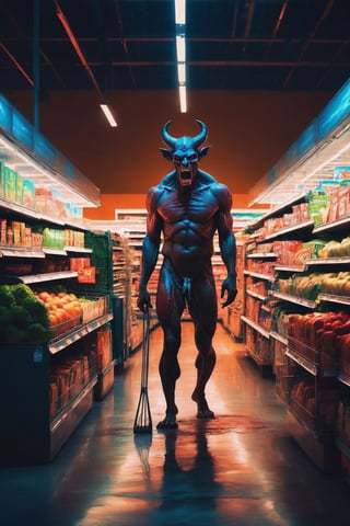 a demon doing the last shopping in the supermarket,. dark tense and unsettling atmosphere.walmart,.,, reflections, , groceries,fear,  By renowned artists such as ,, Francis Bacon, . Resolution: 4k.,,aw0k euphoric style,monster