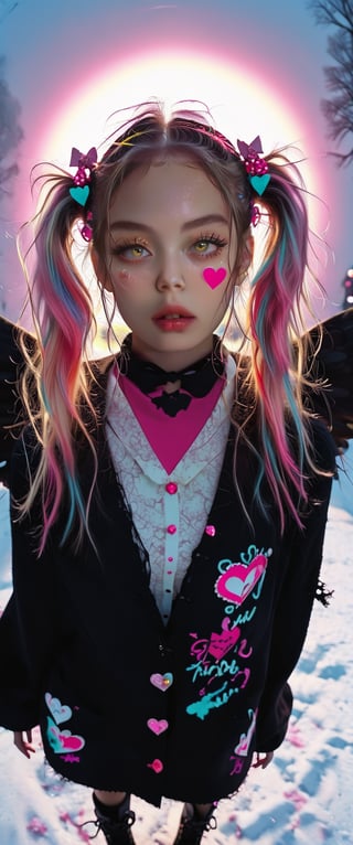 A powerful nun in a volumetric and chiaroscuro lit setting, posing confidently in vibrant Harajuku street wear. She wears a distressed pastel dress with lace, an oversized torn cardigan, and chunky Combat boots. Her pastel- streaked pigtails are adorned with bows and clips, and her makeup features glitter and heart-shaped stickers. She stands amidst a backdrop of darkness and light, her black and white wings spread wide, as she gazes directly at the viewer through her yellow eyes.,score_9