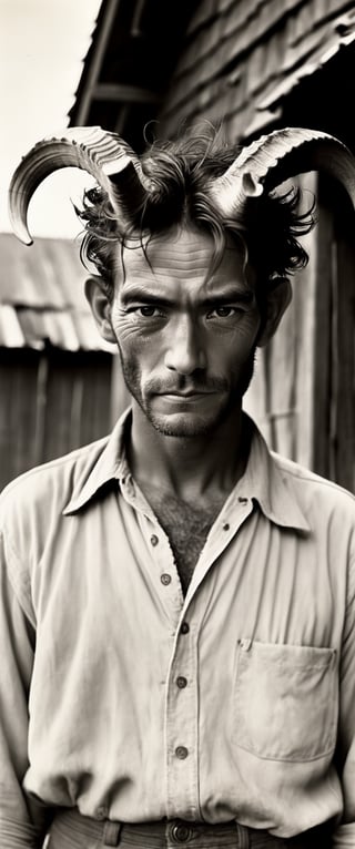 horned demon wearing
buttoned shirt
standing in front of barn
in great depression photo
by Dorothea Lange