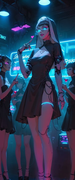 A sultry cyborg nun girl poses seductively in a smoky cyberpunk nightclub, foggy atmosphere and pulsating beats creating an air of mystery. Neon lights dance across her metallic skin, reflecting off her eyes as she forms a heart shape with her delicate finger, beckoning for connection. The dimly lit room's anime-inspired aesthetic shines through every detail, including the pulsing 'CTMAKER' neon lights framing her enigmatic smile, as she sips on a glowing cocktail in the midst of the pulsating crowd.