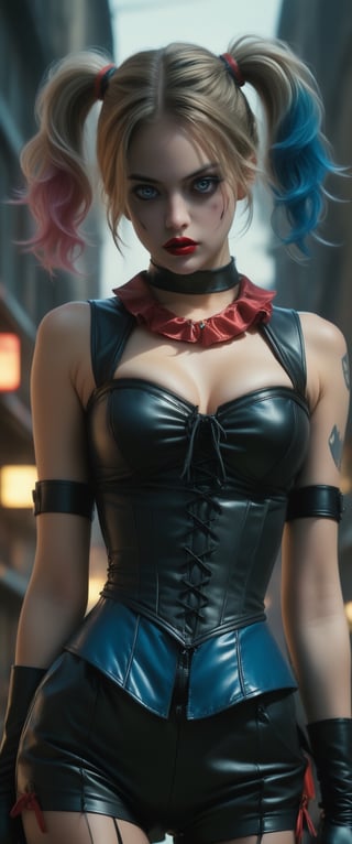((extremely realistic photo)), professional photo, The image features awoman dress as  Harley Quinn from the Suicide Squad movie with two blue and pink long pigtails, wearing a red corset and black latex shorts with big cameltoe and black leather gloves, hard red lipstick and hard black eyeliner, (hard black eyeliner), ((realistic and perfect bright gray eyes)), ((ultra sharp focus)), (realistic textures and skin:1.1), aesthetic. masterpiece, pure perfection, high definition ((best quality, masterpiece, detailed)), ultra high resolution, hdr, art, high detail, add more detail, (extreme and intricate details), ((raw photo, 64k:1.37)), ((sharp focus:1.2)), (muted colors, dim colors, soothing tones ), siena natural ratio, ((more detail xl)),more detail XL,detailmaster2,Enhanced All,photo r3al,masterpiece,photo r3al,Masterpiece
