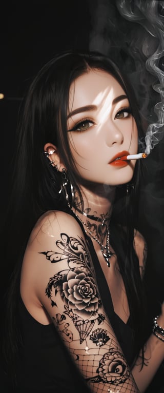 solo, long hair, looking at viewer, 1girl, holding, jewelry, monochrome, greyscale, female focus, earrings, , hood, tattoo, piercing, ear piercing, portrait, hood up, smoke, cigarette, smoking, arm tattoo, neck tattoo, lip piercing, hand tattoo,ct-jeniiii, ct-fujiii,ct-virtual