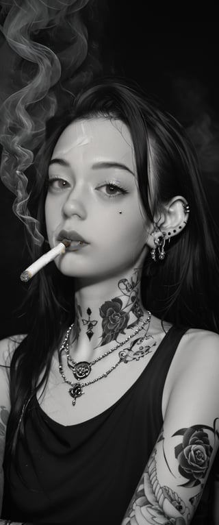 solo, long hair, looking at viewer, 1girl, holding, jewelry, monochrome, greyscale, female focus, earrings, , hood, tattoo, piercing, ear piercing, portrait, hood up, smoke, cigarette, smoking, arm tattoo, neck tattoo, lip piercing, hand tattoo,ct-jeniiii, ct-fujiii