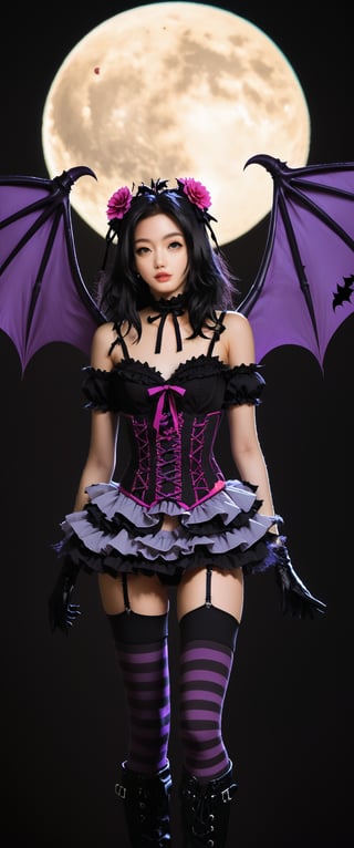 1girl, solo, long hair, black hair, thighhighs, gloves, bare shoulders, flower, boots, wings, striped, garter straps, moon, knee boots, bat wings, corset, striped thighhighs, gothic lolita, bat \(animal\), gothic