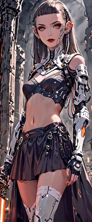 A smoky club ambiance fills the frame: a cyborg femme fatale, solo and unapologetic, locks eyes with the viewer. Her bangs contour her striking features as she gazes directly ahead, her skirt and fingerless gloves hinting at hidden menace. A navel ring glints amidst armor- plated shoulders, punctuated by shoulder spikes and Japanese-inspired pauldrons. The dim lighting accentuates her piercing orange eyes as she holds a katana sword with bandaged sheath. An oni mask and ear adornment complete her enigmatic high-fashion persona.,Comic Book-Style,H effect