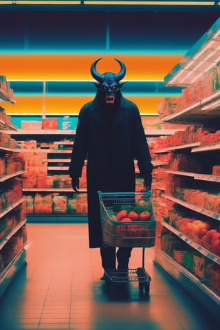  a demon doing the last shopping in the supermarket,. dark tense and unsettling atmosphere.walmart,.,, reflections, , groceries,fear,  By renowned artists such as ,, Francis Bacon, . Resolution: 4k.,,aw0k euphoric style