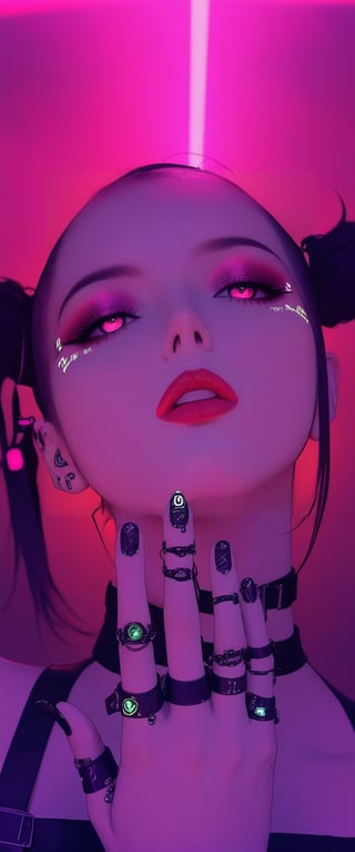 cyborg gilr, sexy , cyberpunk smoky club, hearts sig,finger heart, from below ct-nijireal