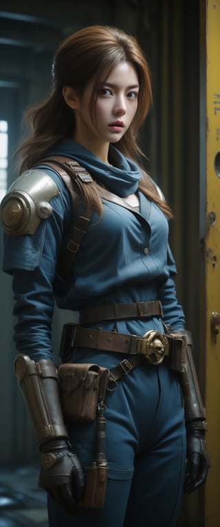 breathtaking ethereal RAW photo of female ((stunning photograph of beautiful young woman dressed as a real life vault dweller from fallout 4, long straight hair ,blue and yellow cotton fabric with brown leather utility belt and shoulder strap vault costume holding a tranquilzer gun, vault door background with the written number "33" on the large vault door
 )), dark and moody style, perfect face, outstretched perfect hands . masterpiece, professional, award-winning, intricate details, ultra high detailed, 64k, dramatic light, volumetric light, dynamic lighting, Epic, splash art .. ), by james jean $, roby dwi antono $, ross tran $. francis bacon $, michal mraz $, adrian ghenie $, petra cortright $, gerhard richter $, takato yamamoto $, ashley wood, tense atmospheric, , , , sooyaaa,IMGFIX,Comic Book-Style,Movie Aesthetic,action shot,photo r3al,bad quality image,oil painting, cinematic moviemaker style,Japan Vibes,H effect,koh_yunjung ,koh_yunjung,kwon-nara,sooyaaa,colorful,bones,skulls,armor,han-hyoju-xl
,DonMn1ghtm4reXL