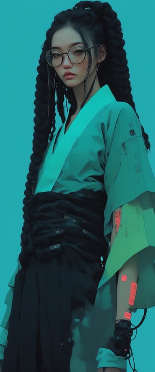 (cyberpunk girl like a samurai in the style of Conrad Roset, Nicola Samori), ultra realistic, (arbitrarily beautiful:1.4), full body, sexy female, (shiny black hair, long braids, neon glasses,transparet kimono), more detail XL, ct-fujiii, ct-goeuun,ct-jeniiii, ct-eujiiin,txznmec