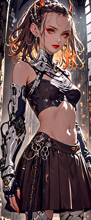 A smoky club ambiance fills the frame: a cyborg femme fatale, solo and unapologetic, locks eyes with the viewer. Her bangs contour her striking features as she gazes directly ahead, her skirt and fingerless gloves hinting at hidden menace. A navel ring glints amidst armor- plated shoulders, punctuated by shoulder spikes and Japanese-inspired pauldrons. The dim lighting accentuates her piercing orange eyes as she holds a katana sword with bandaged sheath. An oni mask and ear adornment complete her enigmatic high-fashion persona.,Comic Book-Style