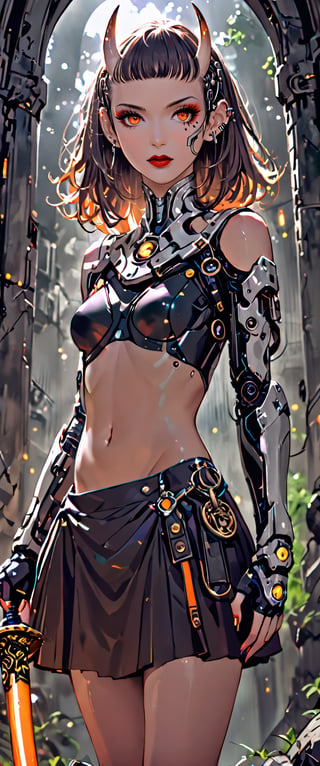 A smoky club ambiance fills the frame: a cyborg femme fatale, solo and unapologetic, locks eyes with the viewer. Her bangs contour her striking features as she gazes directly ahead, her skirt and fingerless gloves hinting at hidden menace. A navel ring glints amidst armor- plated shoulders, punctuated by shoulder spikes and Japanese-inspired pauldrons. The dim lighting accentuates her piercing orange eyes as she holds a katana sword with bandaged sheath. An oni mask and ear adornment complete her enigmatic high-fashion persona.,Comic Book-Style