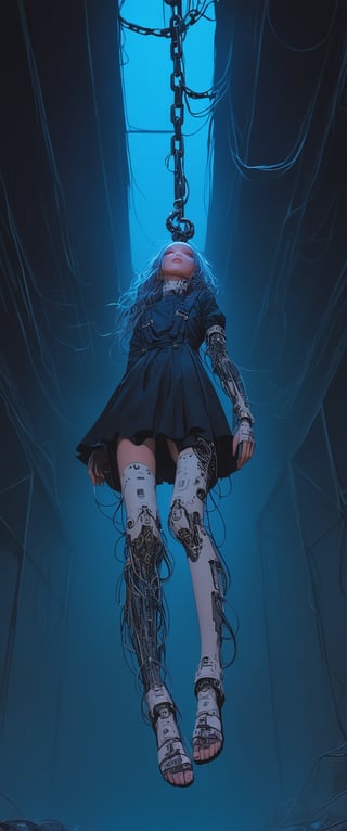 In a dimly lit, abandoned warehouse, a cyborg girl sex doll hangs suspended from the ceiling by thick chains, her metallic body exposed and vulnerable. The air is thick with dust and decay, illuminated only by flickering fluorescent lights that cast an eerie glow. Her cybernetic limbs splayed outwards, as if broken or twisted in agony. In the background, crates and machinery loom large, a testament to the desolate environment. The overall atmosphere is one of stark, raw, and dark dystopia, as if time itself has stopped.