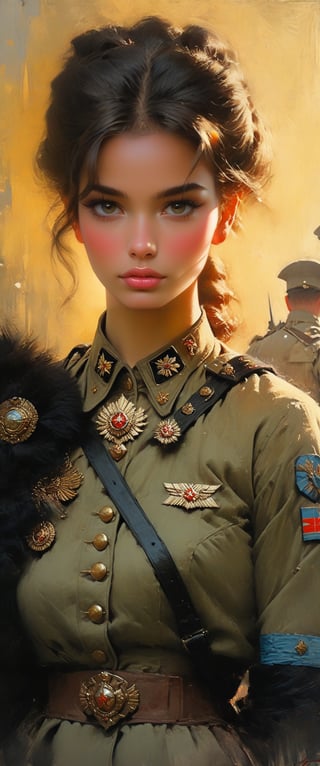 detailed full-length picture, masterpiece, best quality, ultra high resolution, visually stunning, beautiful, award-winning art (), beautiful ))), oil painting Portrait of a beautiful sovietpunk female noble lady in soldier outfit -, detailed face, whole body, Watercolor, trending on artstation, sharp focus, studio photo, intricate details, highly detailed, by greg rutkowski, more detail XL, hyper detailed, realistic, oil painting, by julie bell, frank frazetta, cinematic lighting
