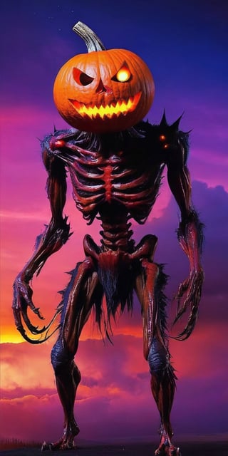 a pumpkin monster creature . Its body combines twisted metal with pulsating flesh. .  grotesque face , with metallic jaws, glowing eyes, and rows of sharp teeth . dark tense and unsettling atmosphere, wearing a cap .sending a postcard,.office, cap, reflections, full bodyblood,fear,  By renowned artists such as ,, Francis Bacon, . Resolution: 4k.,,aw0k euphoric style,HellAI,monster,JPO