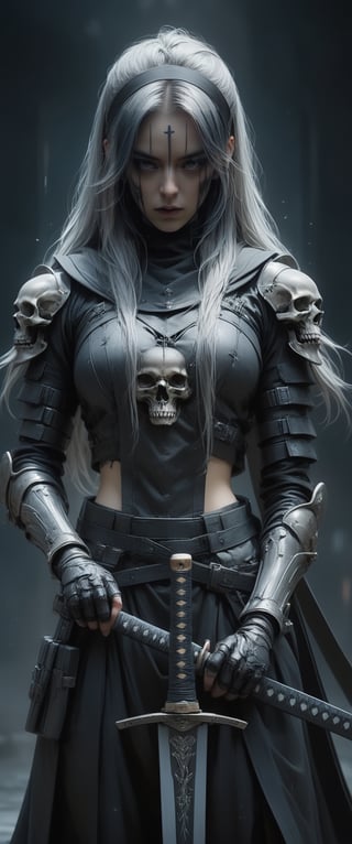 breathtaking ethereal RAW photo of female ((woman dressed in black and white holding a sword, cyberpunk warrior nun, high contrast dark concept art, Very beautiful cyberpunk samurai, gothic ninja, she is holding a katana sword, gothic - cyberpunk, assassin woman, character katana zero video game, female cyberpunk anime girl, cyberpunk anime girl, katana, gothic maiden anime girl, dark fantasy character design,Movie Still,sooyaaa, , ,

 )), dark and moody style, perfect face, outstretched perfect hands . masterpiece, professional, award-winning, intricate details, ultra high detailed, 64k, dramatic light, volumetric light, dynamic lighting, Epic, splash art .. ), by james jean $, roby dwi antono $, ross tran $. francis bacon $, michal mraz $, adrian ghenie $, petra cortright $, gerhard richter $, takato yamamoto $, ashley wood, tense atmospheric, , , , sooyaaa,IMGFIX,Comic Book-Style,Movie Aesthetic,action shot,photo r3al,bad quality image,oil painting, cinematic moviemaker style,Japan Vibes,H effect,koh_yunjung ,koh_yunjung,kwon-nara,sooyaaa,colorful,bones,skulls,armor,han-hyoju-xl
,DonMn1ghtm4reXL
