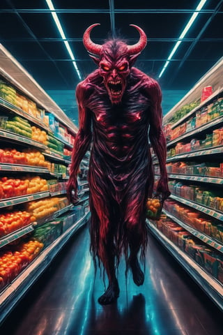  a demon doing the last shopping in the supermarket,. dark tense and unsettling atmosphere.walmart,.,, reflections, , groceries,fear,  By renowned artists such as ,, Francis Bacon, . Resolution: 4k.,,aw0k euphoric style