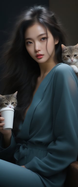 Realist portrait of a deception of ( breathtaking ethereal RAW photo of female ((extremely realistic photo)), (professional photo), (Best quality, 8k, 32k, Masterpiece, HD: 1.2),1 girl, most beautiful korean girl, Korean beauty model, stunningly beautiful girl, gorgeous girl, , , spacecore, beautiful girl,  jumpsuit , with her cat, coffee, galaxy and nebula lips and fingernails, long straight hair, tall boots , realistic airbrushed

,ct-jeniiii, ct-eujiiin, ct-goeuun, ct-fujiii