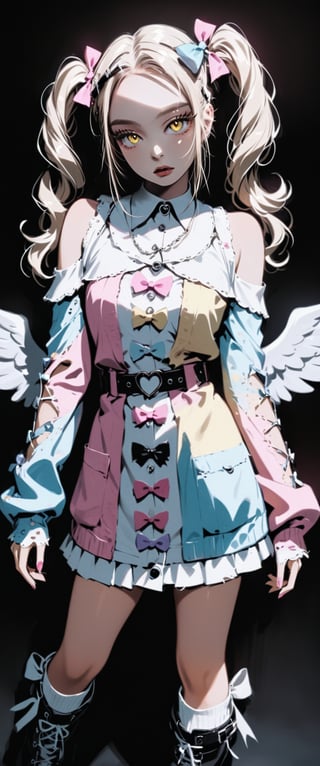 A powerful nun in a volumetric and chiaroscuro lit setting, posing confidently in vibrant Harajuku street wear. She wears a distressed pastel dress with lace, an oversized torn cardigan, and chunky Combat boots. Her pastel- streaked pigtails are adorned with bows and clips, and her makeup features glitter and heart-shaped stickers. She stands amidst a backdrop of darkness and light, her black and white wings spread wide, as she gazes directly at the viewer through her yellow eyes.,score_9
