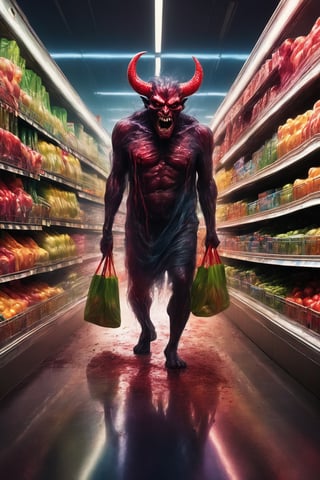  a demon doing the last shopping in the supermarket,. dark tense and unsettling atmosphere.walmart,.,, reflections, , groceries,fear,  By renowned artists such as ,, Francis Bacon, . Resolution: 4k.,,aw0k euphoric style,IMGFIX