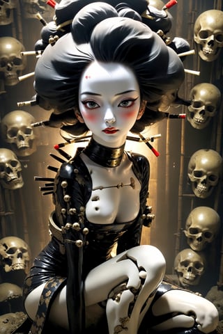 poster of a sexy  geisha [suffering,  burdened by the weight of a deception, burden]  in a  [throne of bones ], ,  very_high_resolution, latex clothing uniform, eye angle view,  , designed by  Dave Mckean,aw0k nsfwfactory,aw0k magnstyle,danknis,sooyaaa,Anime ,IMGFIX

