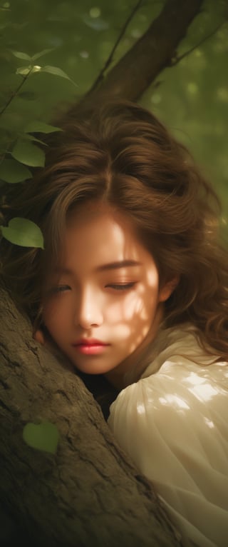 breathtaking ethereal RAW photo of female (A girl is curled up sleepily on a tree branch. She is slowly closing her eyes while she gently rests her head on her one hand. A gentle breeze blows her hair. The afternoon sun shines through the leaves of the trees, creating a warm and peaceful atmosphere around her. It looks like they are relaxing in nature.


 )), dark and moody style, perfect face, outstretched perfect hands . masterpiece, professional, award-winning, intricate details, ultra high detailed, 64k, dramatic light, volumetric light, dynamic lighting, Epic, splash art .. ), by james jean $, roby dwi antono $, ross tran $. francis bacon $, michal mraz $, adrian ghenie $, petra cortright $, gerhard richter $, takato yamamoto $, ashley wood, tense atmospheric, , , , sooyaaa,IMGFIX,Comic Book-Style,Movie Aesthetic,action shot,photo r3al,bad quality image,oil painting, cinematic moviemaker style,Japan Vibes,H effect,koh_yunjung ,koh_yunjung,kwon-nara,sooyaaa,colorful,roses_are_rosie,armor,han-hyoju-xl
,BJ_Teenage_Fantasy,xianyun gi