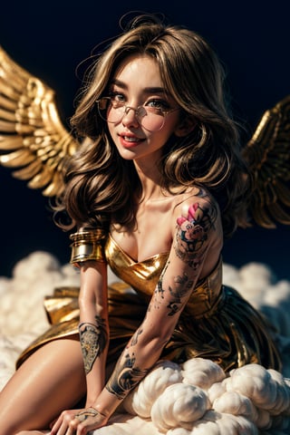 tattooed smiling angel girl with sunglasses glowing halo and wings sitting on a cloud, view from above, in the style of high dynamic range, kawaii art, light golden and light bronze, animated illustrations, daz3d, exotic realism, tattoo-inspired, vibrant manga, close-up intensity, japanese-inspired niji 5,SAM YANG,Detailedface