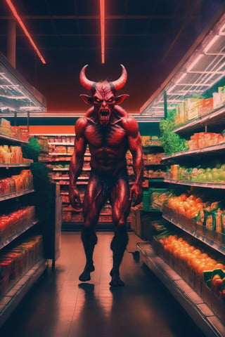  a demon doing the last shopping in the supermarket,. dark tense and unsettling atmosphere.walmart,.,, reflections, , groceries,fear,  By renowned artists such as ,, Francis Bacon, . Resolution: 4k.,,aw0k euphoric style