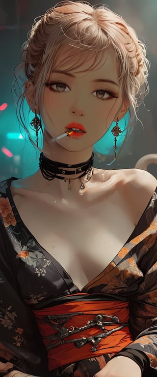 A femme fatale cyborg, mechanical parts, ((mechanical joints, mechanical)) sits solo in a smoky cyberpunk club, petting a snake  as it gazes directly at the viewer. Her short hair and bangs frame her striking features, adorned with jewelry and a black choker. She dons a revealing seethrough kimono, paired with Japanese-style earrings. A cigarette dangles from her lips as she exudes an air of sexy sophistication, surrounded by the dark, gritty atmosphere of Conrad Roset's style. txznmec,score_9,ct-virtual