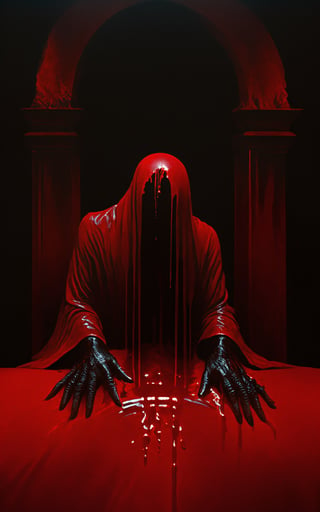 presence of death before his victims, blood dripping from his hands representing the corrupted souls he has captured, presence of red to emphasize the blood, agony and stress, purgatory scene, crawling aberrations,LegendDarkFantasy,beyond_the_black_rainbow