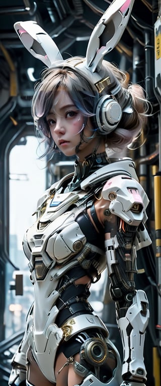 There is a woman in a futuristic suit standing on a space station, wearing cyber bunny ears, in white futuristic armor, 8k 3D rendering character art, sci-fi character, hyper realistic cyberpunk style, 8k ultra realistic cyberpunk art, science character fiction, cgsociety uhd 4k very detailed, cgsociety 8k, cgsociety 8k