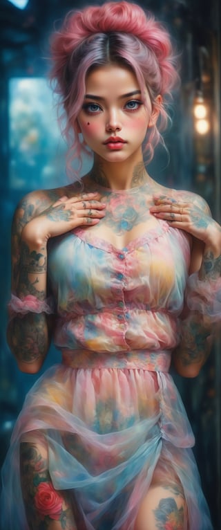 full body portrait of a  [tattoed   girl , irakli nadar, ,she is standing making the sing of love ,  ], in the style of kawacy art,niji, maidcore,, ultra focus, , face realistic,hyperrealism painting ,real detailed face features ,real detailed hands features , , fantaerotic, perfect detailed hair , , meticulous detail ,mugshot, absurdes ,ct-virtual,finger heart
