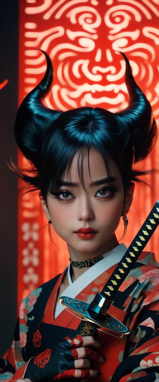 full body portrait of a  [tattoed   girl , irakli nadar, ,Masterpiece, highest quality1girl, solo, looking at viewer, short hair, bangs, simple background, black hair, red eyes, gloves, long sleeves, jewelry,, weapon, earrings, parted lips, japanese clothes, horns, choker, pointy ears, black gloves, sword, hand up, blunt bangs, fingerless gloves, kimono, nail polish, fingernails, head tilt, mask, katana, sheath, red nails, red background, oni horns, sheathed, oni, weapon on back, ct-fujiii, ct-goeuun, ct-eujiiin,Cinematic
  ], in the style of kawacy art,niji, maidcore,, ultra focus, , face realistic,hyperrealism painting ,real detailed face features ,real detailed hands features , , fantaerotic, perfect detailed hair,muted color pallete , , meticulous detail ,mugshot, absurdes ,ct-virtual,finger heart,korean,double finger heart