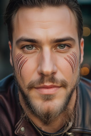 Portrait photo of muscular bearded guy in a worn motorcycle leathers, ((light bokeh)), intricate, (worn leather), elegant, sharp focus,  soft lighting, vibrant colors, (masterpiece), ((streets)), (detailed face)+, eye iris