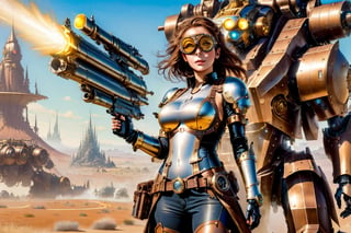 (masterpiece, best quality), A Gorgeous Steampunk beautiful Milf women with Brown windblown hair ((wearing Eye Goggles)) and Steampunk armor ((holding a raised shotgun)) outside shooting at  a Giant Mech antagonist (quadruped  Robot Droid) in the distant desert ((Huge EE-cup breasts)),  pale skin and dark eyes, flirting smiling confident seductive, vibrant high contrast,  Omnious intricate, octane, moebius, dramatic lighting, mist, ambient occlusion, volumetric lighting, emotional, hyper detailed, 8k, Nikon Z9,steampunk style,cyborg style,steampunk,HZ Steampunk