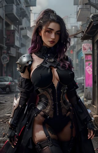 (masterpiece, best quality), Cyberpunk Latina beautiful women with Pink windblown hair and techno armor, ((Huge EE-cup breasts)), pale skin and dark eyes, flirting smiling confident seductive, gothic, windblown hair, vibrant high contrast, cyberpunk cityscape behind her, Omnious intricate, octane, moebius, dramatic lighting, orthodox symbolism Diesel punk, mist, ambient occlusion, volumetric lighting, emotional, tattoos, shot in Mexico, hyper detailed, 8k, Nikon Z9