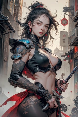 ((best quality)), ((masterpiece)), ((realistic)), (detailed),very complex hyper-maximalist overdetailed cinematic tribal CyberPunk beautiful woman with blue windblown hair and techno armor holding a uzi-9mm machine gun in her right hand, ((Huge EE-cup breasts)), pale skin and dark eyes, flirting smiling confident seductive, gothic, windblown hair, vibrant high contrast, cityscape behind her, Omnious intricate, octane, moebius, dramatic lighting, orthodox symbolism Steam punk, mist, ambient occlusion, dynamic pose, volumetric lighting, emotional, tattoos, shot in Tokyo, hyper detailed, 8k, Nikon Z9,mecha,jump,oni style,dragonborn,[color] dragonborn (see description and ,weapon,sword