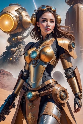 (masterpiece, best quality), A Gorgeous Steampunk beautiful Milf women with Brown windblown hair ((wearing Eye Goggles on top of her head)) and Steampunk armor ((holding a raised shotgun)) outside shooting at  a Giant Mech antagonist (quadruped  Robot Droid) in the distant desert ((Huge EE-cup breasts)),  pale skin and dark eyes, flirting smiling confident seductive, vibrant high contrast,  Omnious intricate, octane, moebius, dramatic lighting, mist, ambient occlusion, volumetric lighting, emotional, hyper detailed, 8k, Nikon Z9,steampunk style,cyborg style,steampunk,HZ Steampunk,vaporwave style