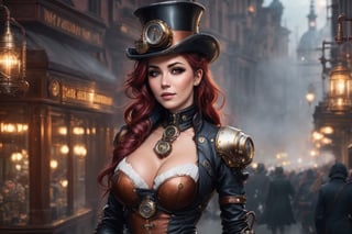 (masterpiece, best quality), A Gorgeous Steampunk beautiful Milf women with red  windblown hair and Steampunk armor in a Steampunk bar with lots of people ((Huge EE-cup breasts)), nightlife,  pale skin and dark eyes, flirting smiling confident seductive, gothic, windblown hair, vibrant high contrast, cyberpunk nightlife behind her, Omnious intricate, octane, moebius, dramatic lighting, orthodox symbolism Diesel punk, mist, ambient occlusion, volumetric lighting, emotional, tattoos, hyper detailed, 8k, Nikon Z9,steampunk style,cyborg style,steampunk