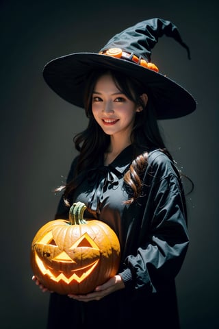 (masterpiece, best quality:1.3), (8k wallpaper), (detailed illustration), (super fine illustration), (vibrant colors), (professional lighting), (increasing the weight makes things worse), masterpiece, best quality, ultra-detailed 1girl, black hair, black pointy hat, wearing a witch costume, super smile, ghost pose, cute bat, Trick or Treat!! Surprise face saying, prank, boo!! big orange pumpkins in the background, big orange pumpkin, jack o lantern,EpicArt,(pureerosface_v1:0.8), (ulzzang-6500-v1.1:0.8)