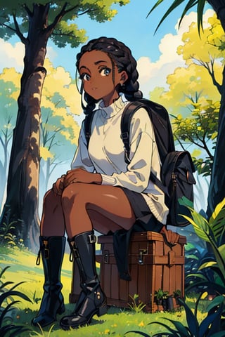 masterpiece, (highly detailed eyes, twinkle in eyes:1.3)best quality ,a dark melanin african girl,  bird, long black hair braided, dark-skinned_female, dark_skin, forest, grass, holding, backpack, jungle, boots, nature, outdoors, trees, plant, soles, solo, tree, cartoon 